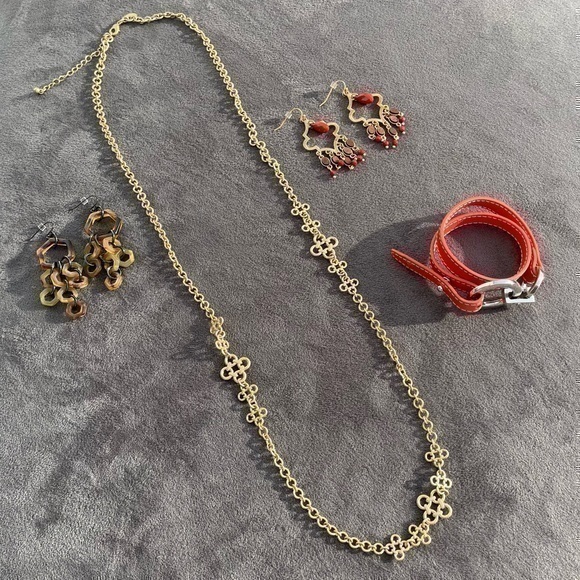 SET ❤️ Lia Sophia Coral Red, Gold & Silver: 2 Earrings, Necklace, Wrap Bracelet - Picture 1 of 13